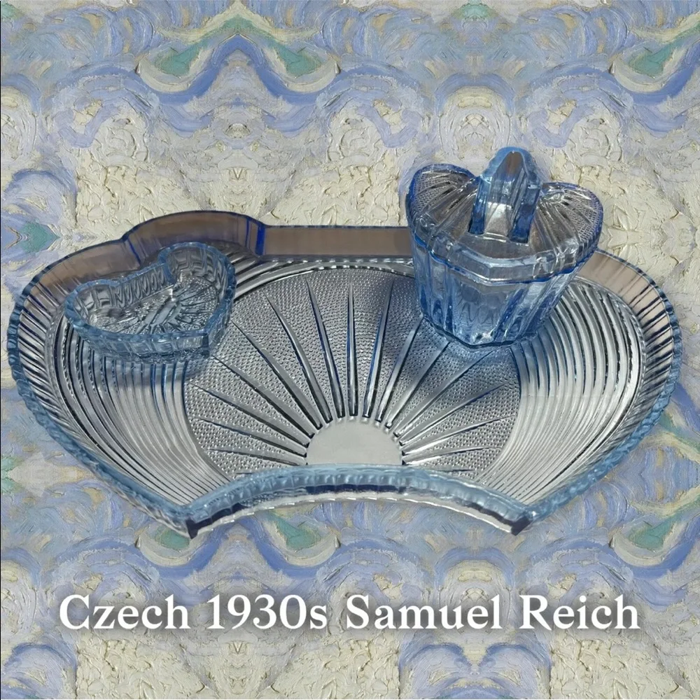 Vintage 1930s CZECH Samuel Reich 3 Piece Blue Art Deco Dresser Set BC